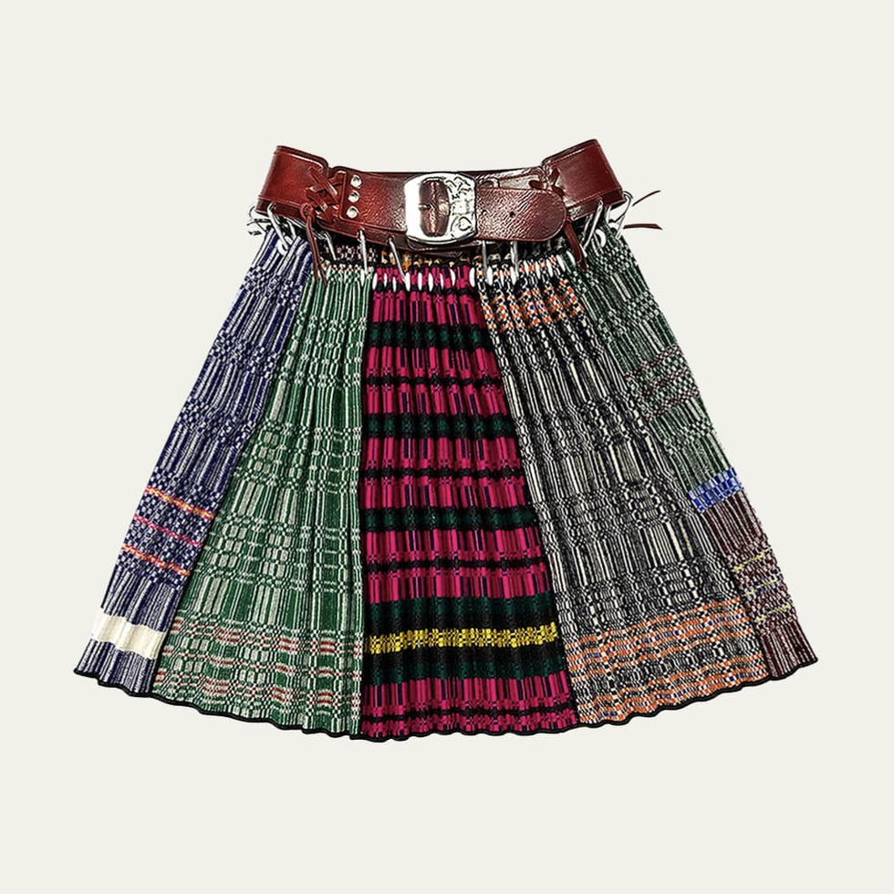 Spliced Plaid-Print Belted Skirt