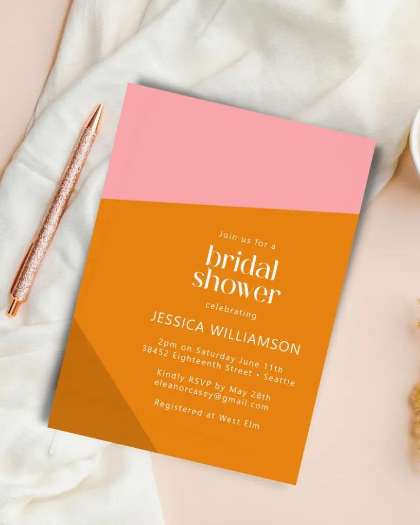 Modern Bold Geometric Pink Orange Bridal Shower Invitations