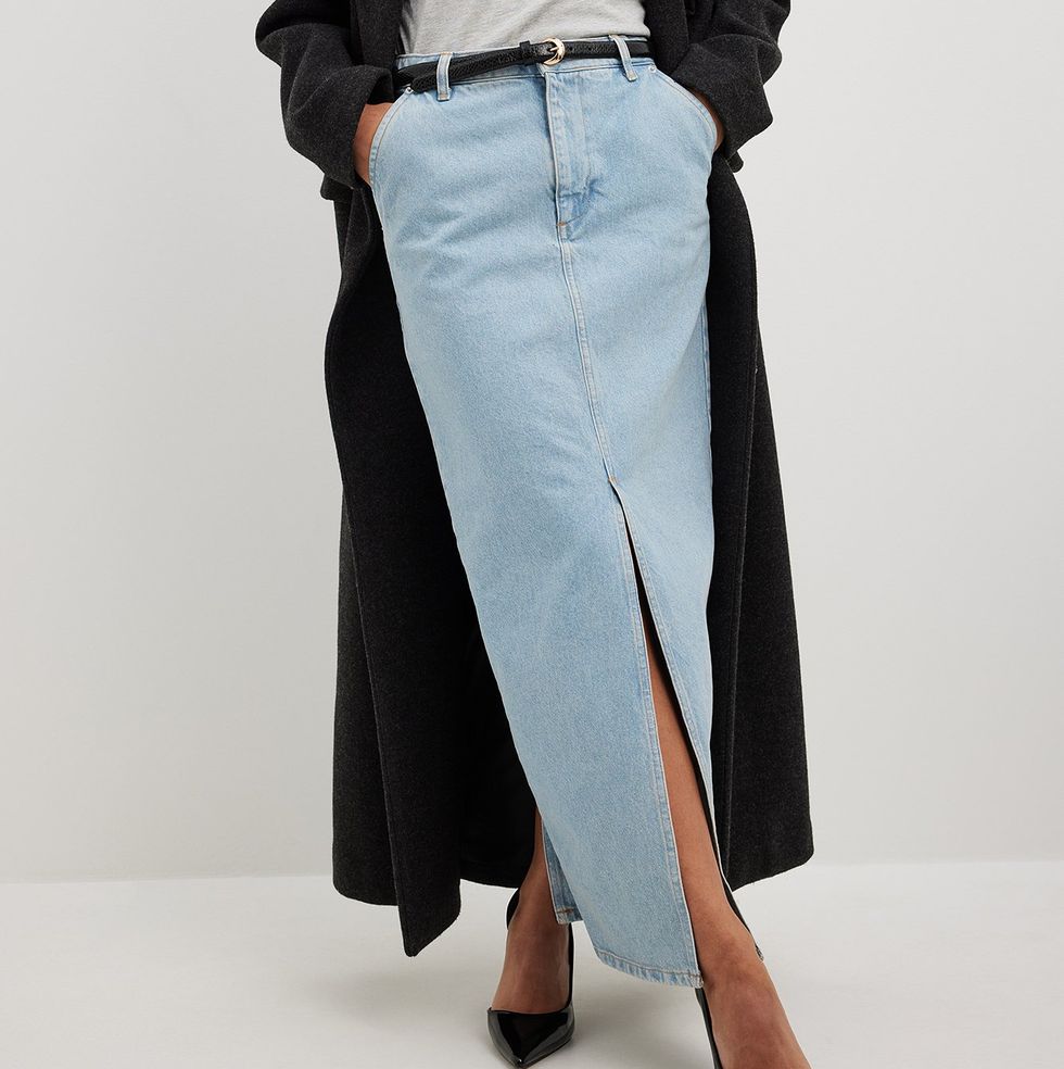 Slit Detailed Maxi Denim Skirt Blue