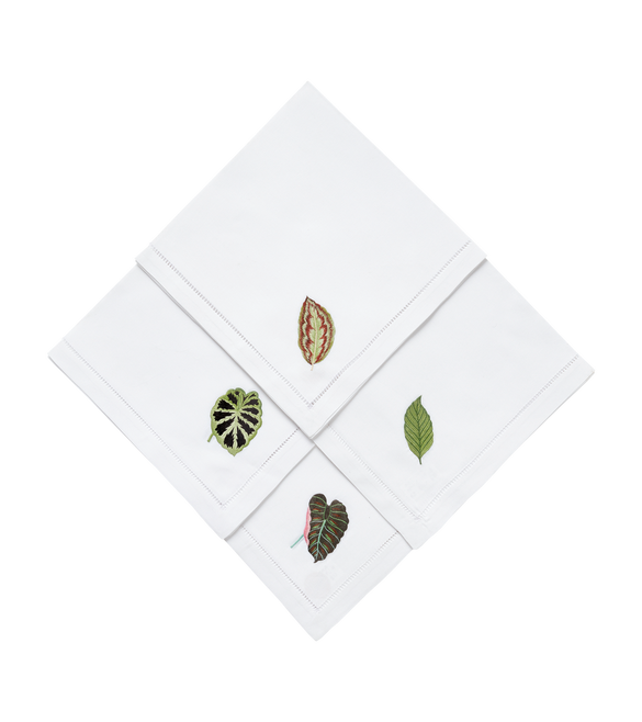Set of Four Exotic Leaf Embroidered Napkins - White