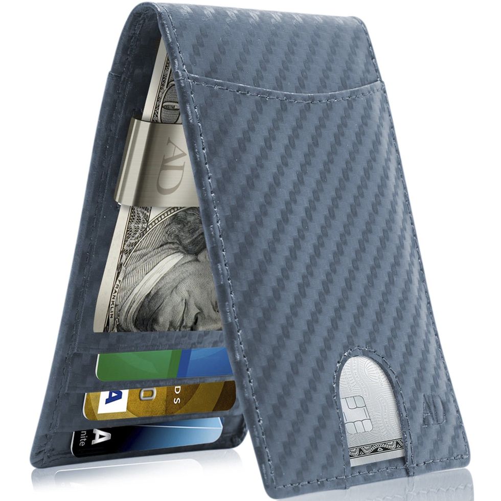 Minimalist Wallet for Men- Slim Aluminum Metal Money Clip Wallet with Clear  ID Card Holder, Carbon Fiber Wallet, RFID Blocking, Holds up 15 Cards with