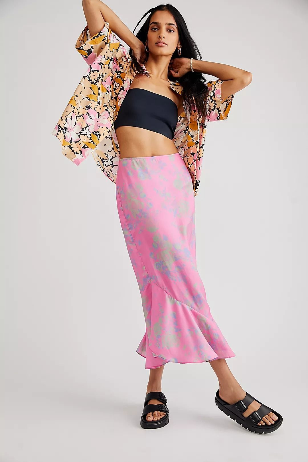 Pink flowy hotsell midi skirt