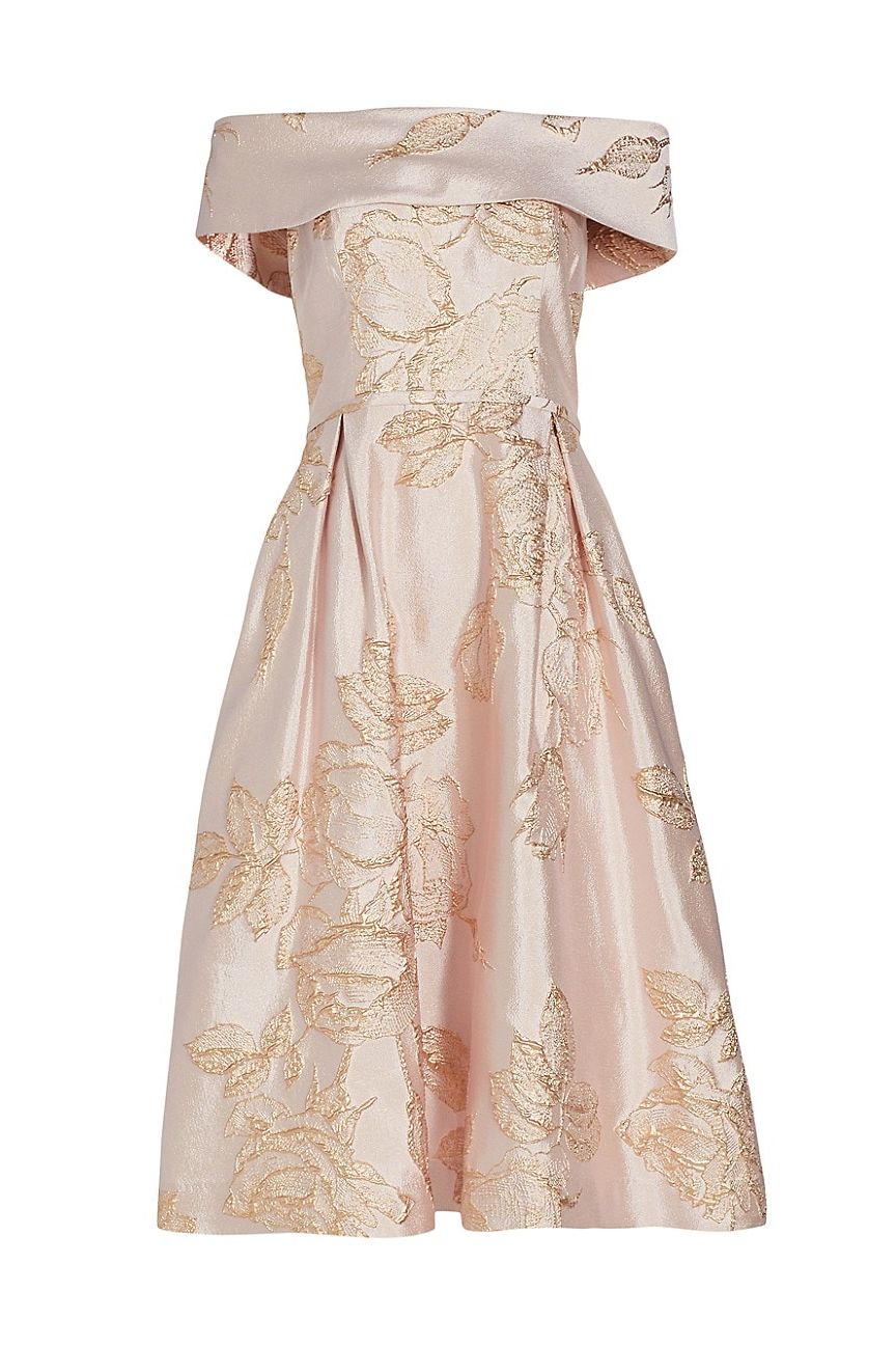 Metallic Floral Off-The-Shoulder Cocktail Dress