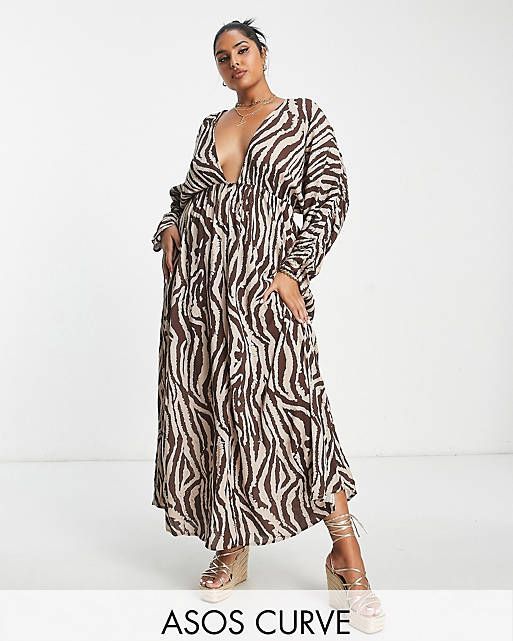Curve ruched long sleeve plunge beach maxi dress in animal print
