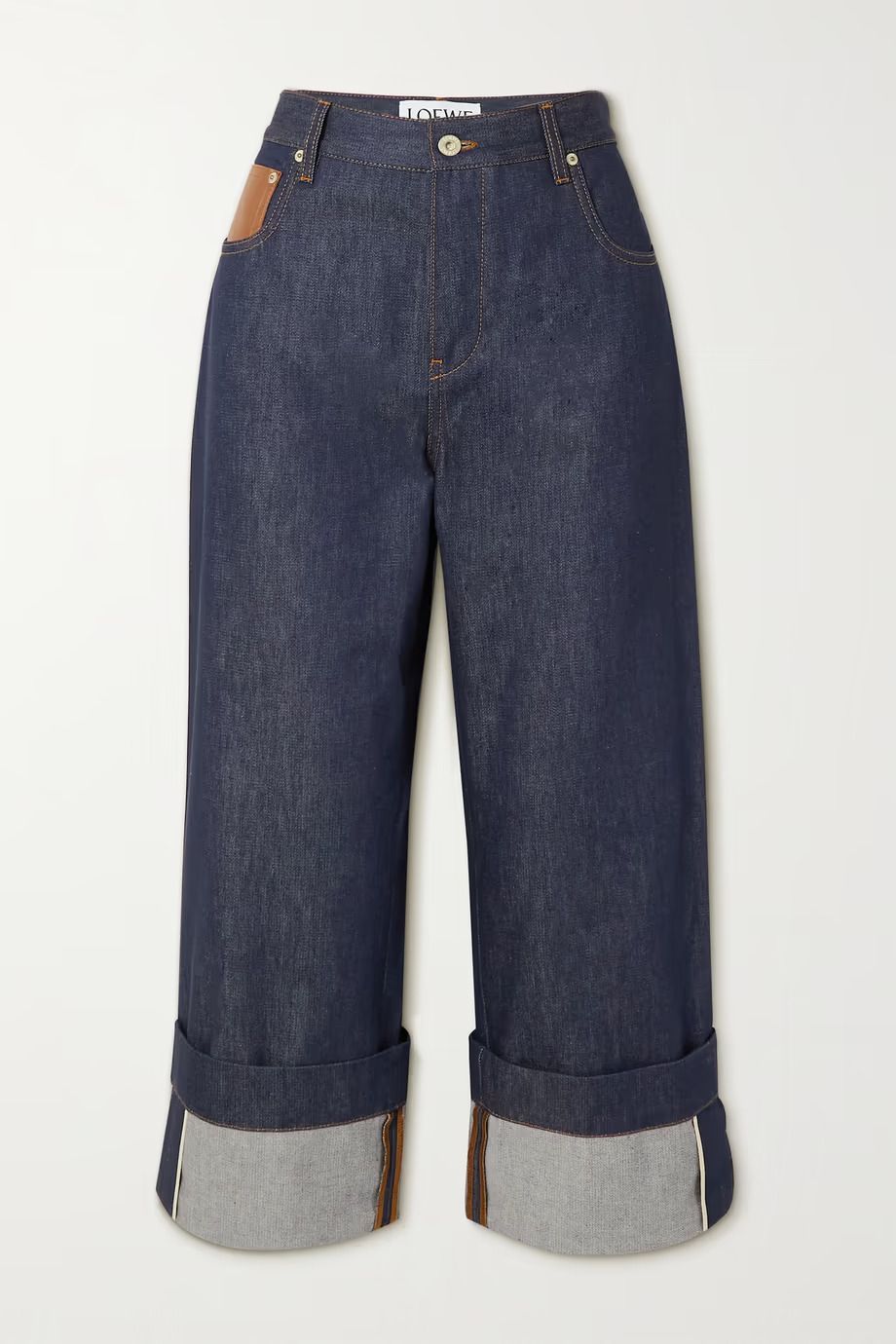 Cropped leather-trimmed straight-leg jeans