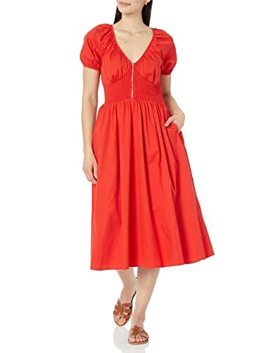 Daksha Cotton Smocked Zipper Detail Dress, Flame Red