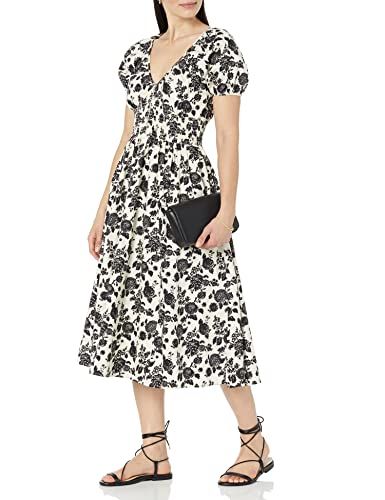 Daksha Cotton Smocked Zipper Detail Dress, White/Black Floral