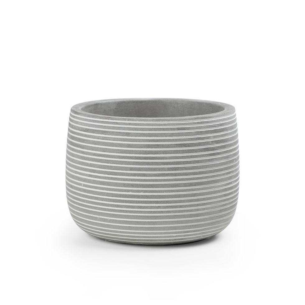 Round Gray and White Cement Striped Plant Pot
