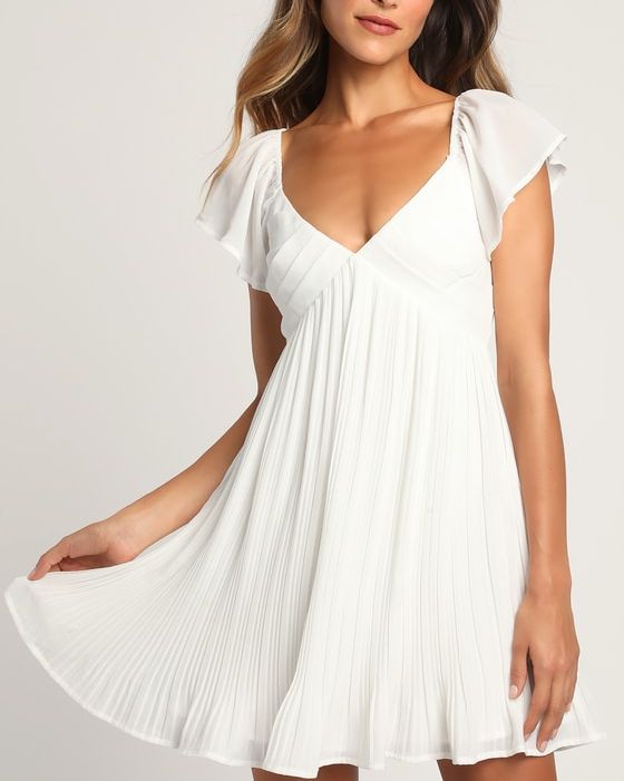 Amalfi Coast White Pleated Flutter Sleeve Mini Dress