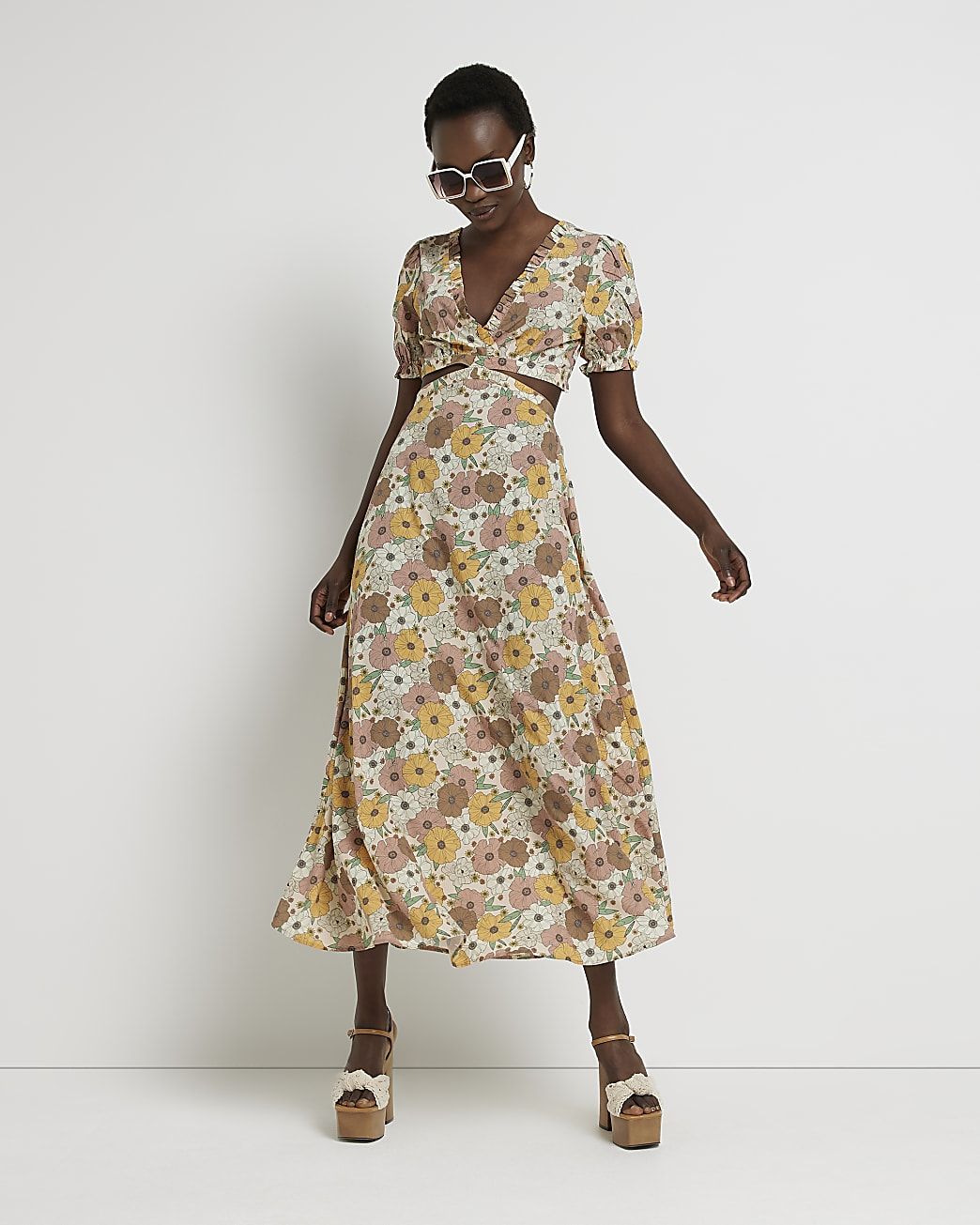 River island midi dress with belt detail hot sale in yellow