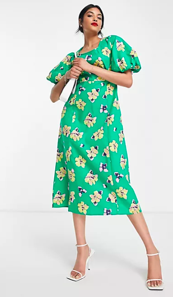 Vero Moda Midi Dress in Oversized Green Floral