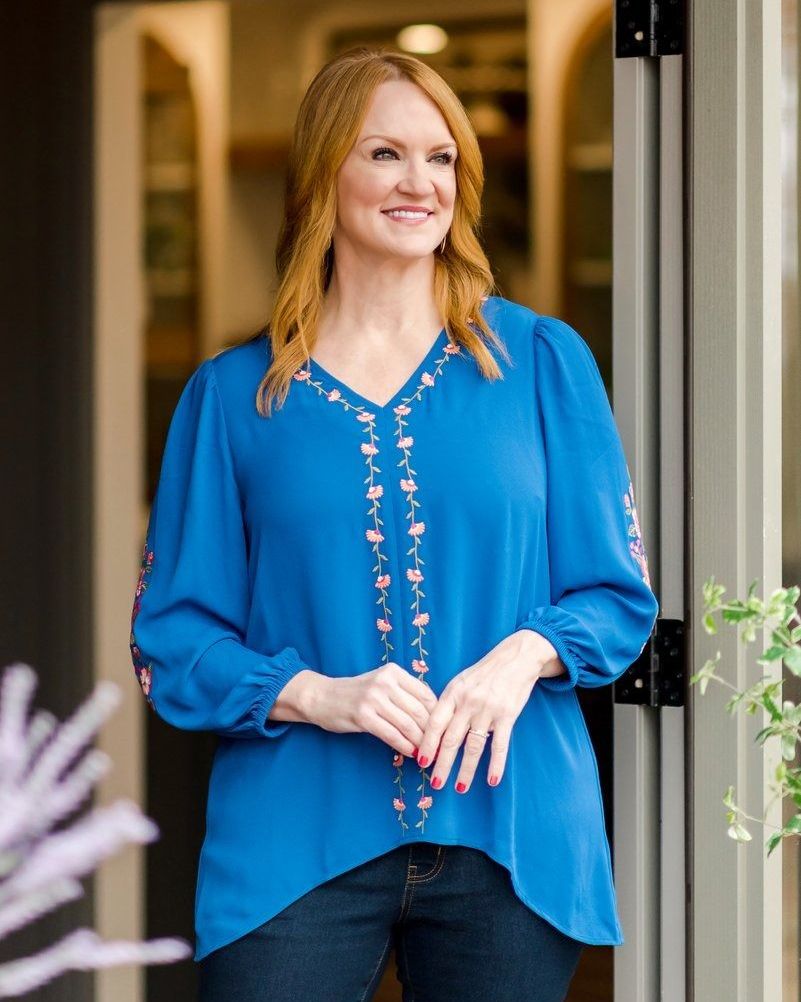 The Pioneer Woman Embroidered Sleeve Sharkbite Blouse - New Lapis