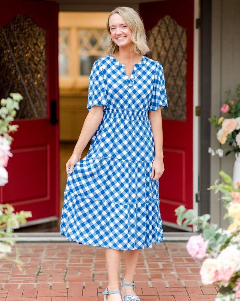 The Pioneer Woman Tiered Dress with Elbow Flutter Sleeves - Gingham