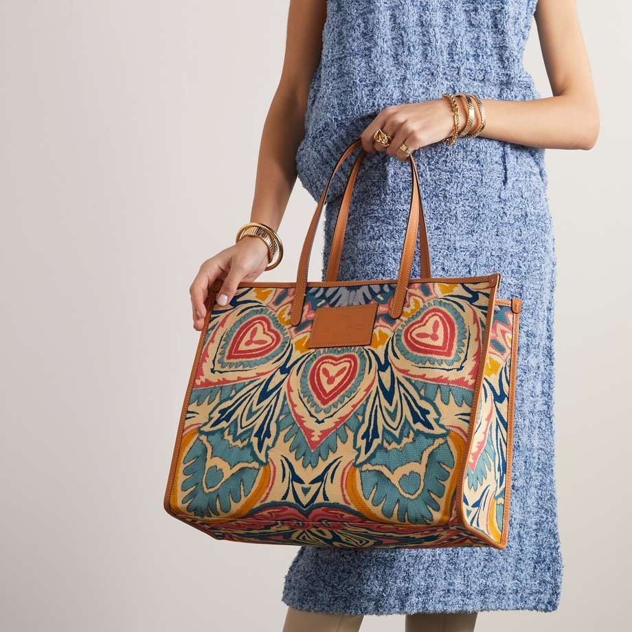 Globetrotter Leather-Trimmed Canvas-Jacquard Tote