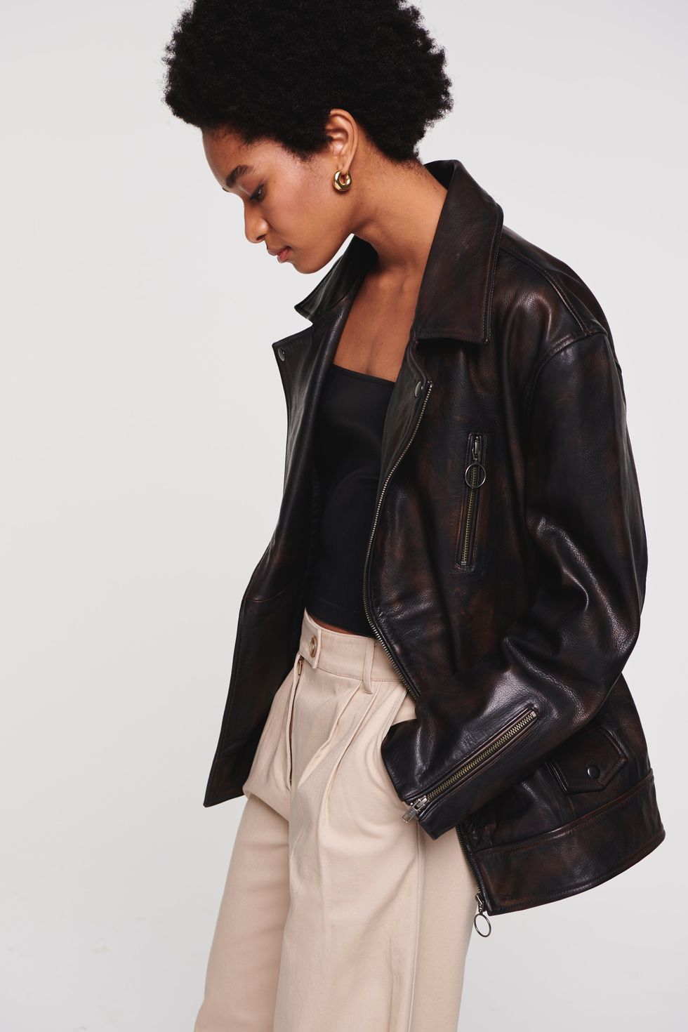 Brown Oversized Leather Jacket 90s Women Genuine Sheepskin Leather Jacket  Bomber