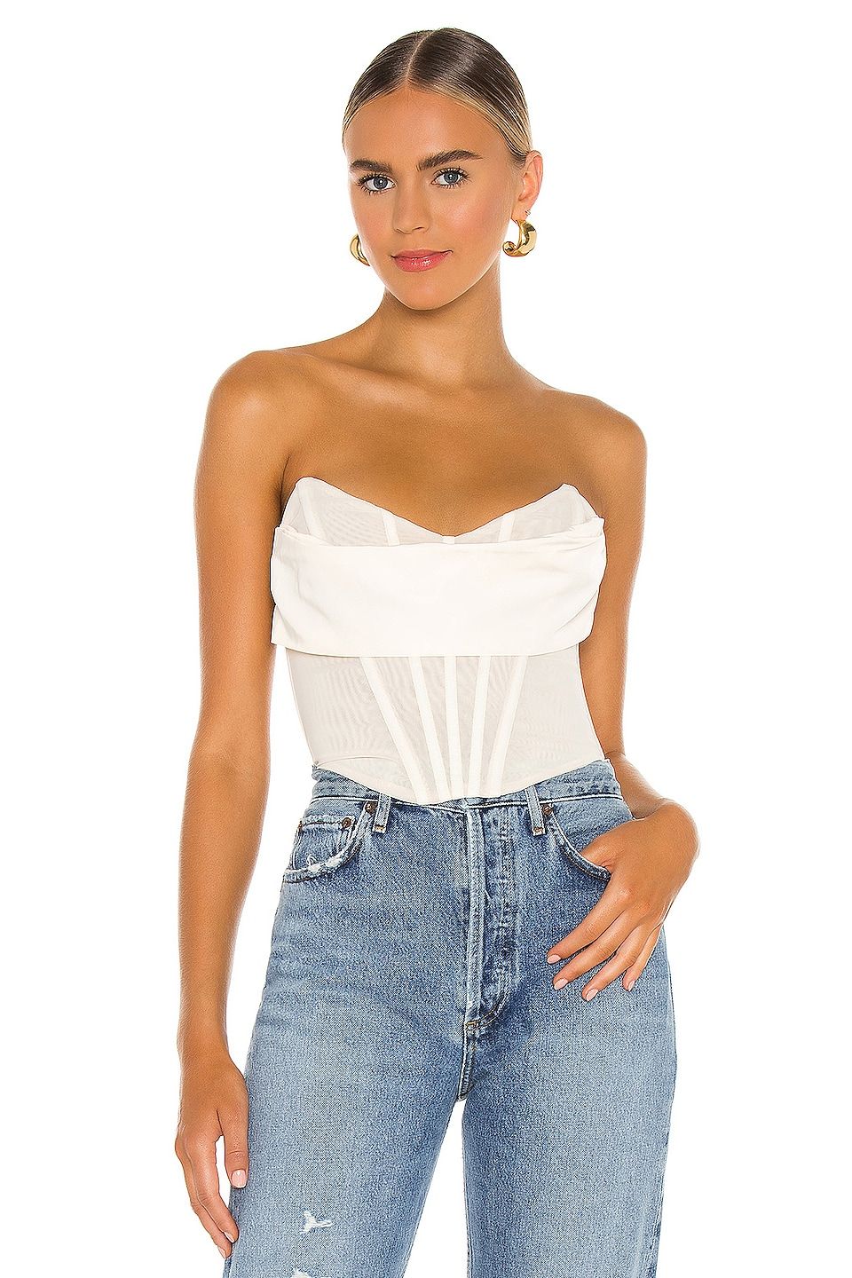 Washed Stone Cup Lace Front Corset Denim Top