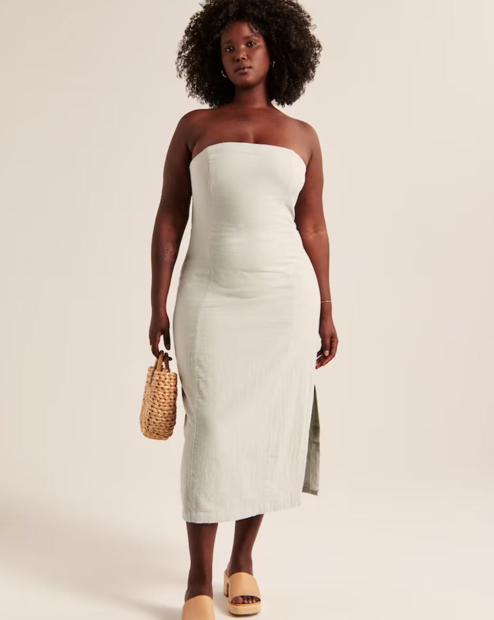 Strapless Linen-Blend Midi Dress