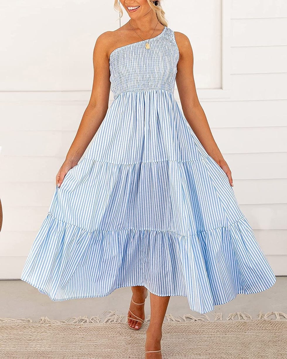 One Shoulder Sleeveless Smocked Ruffle Tiered Dress