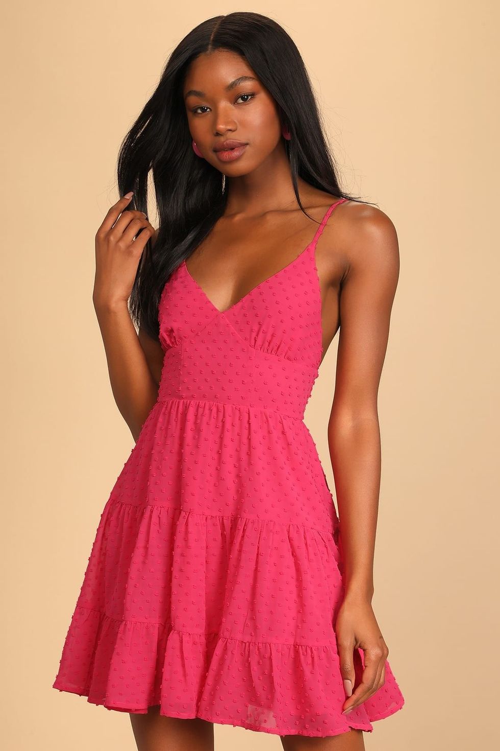 Flair for Fun Hot Pink Swiss Dot Tiered Mini Dress