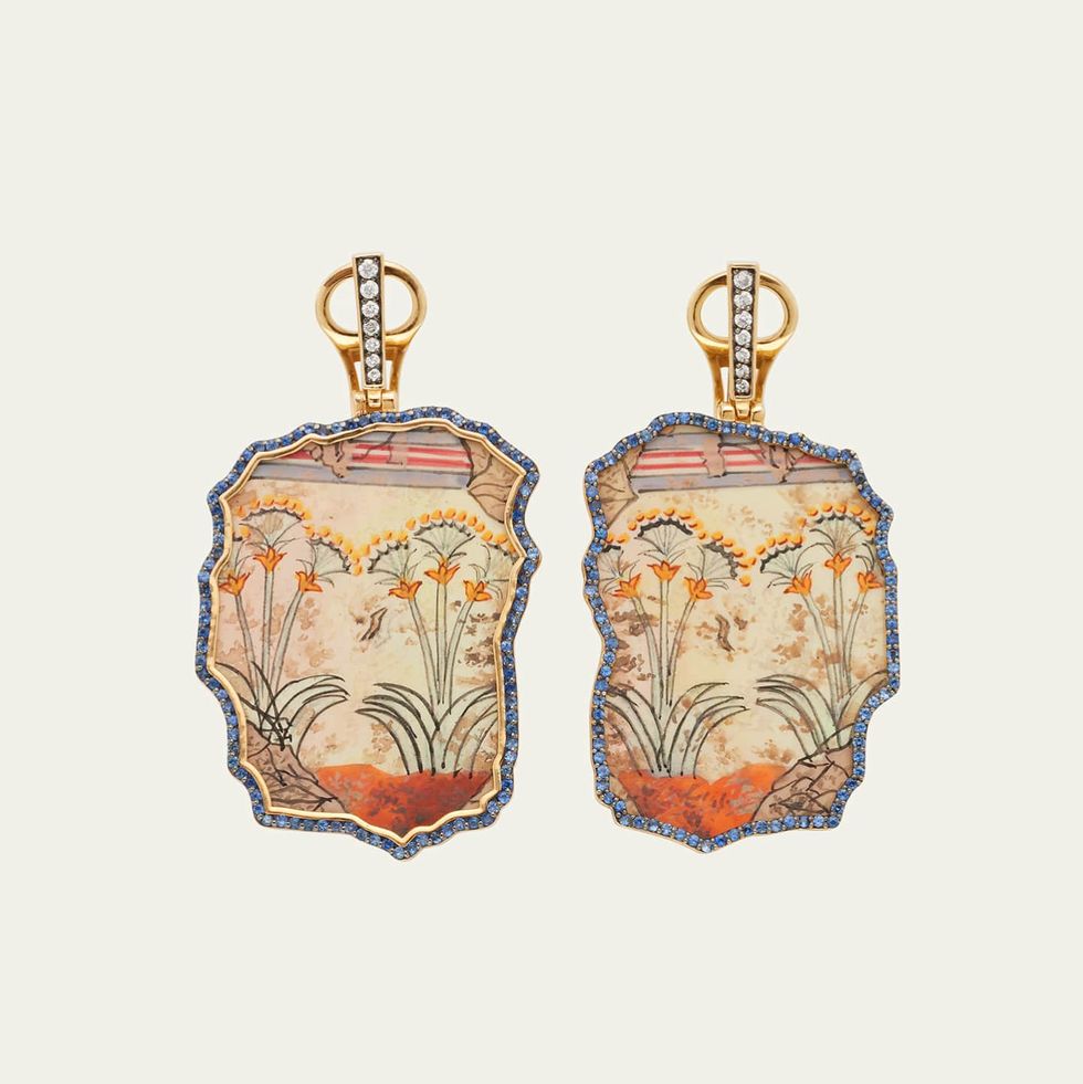 Yellow Gold Earrings with Diamond, Orange and Blue Sapphire