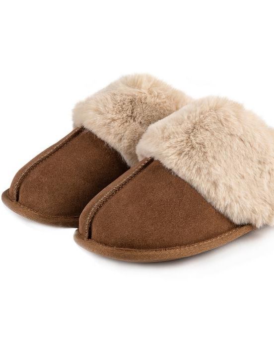 Isotoner Ladies Real Suede Mule with Fur Cuff 