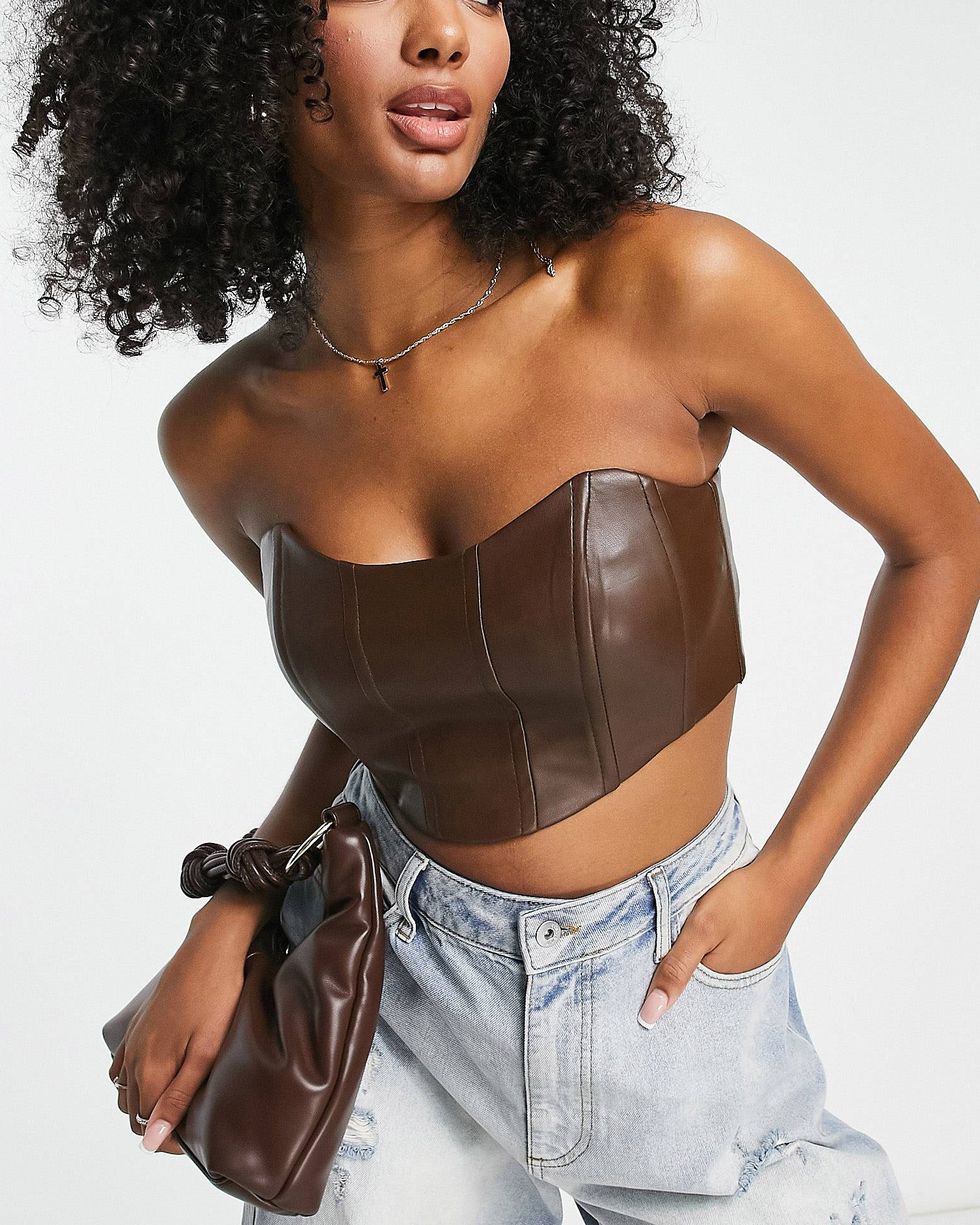 Faux Leather Corset Top in Brown