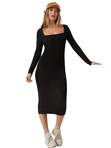 Square Neck Long Sleeve Bodycon Pencil Dress 