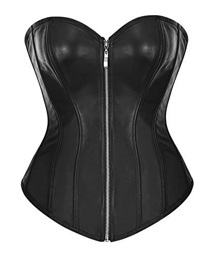 bslingerie Womens Faux Leather Zipper Front Bustier Corset (M, Black)
