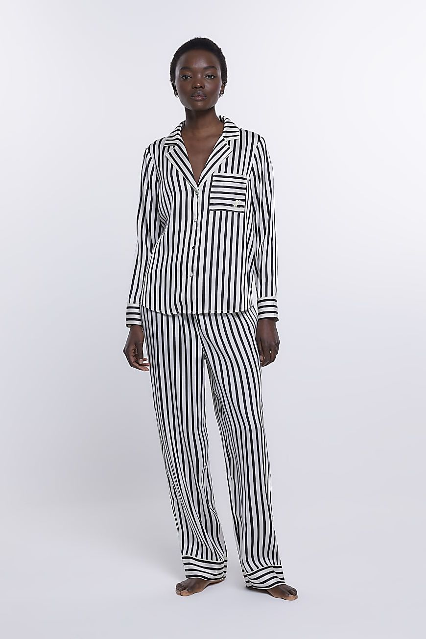 Black stripe satin pyjama top