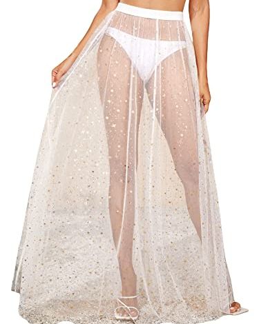 Verdusa Women's Cover Up Sheer Mesh A Line Flowy High Waist Maxi Skirt Star Print White S
