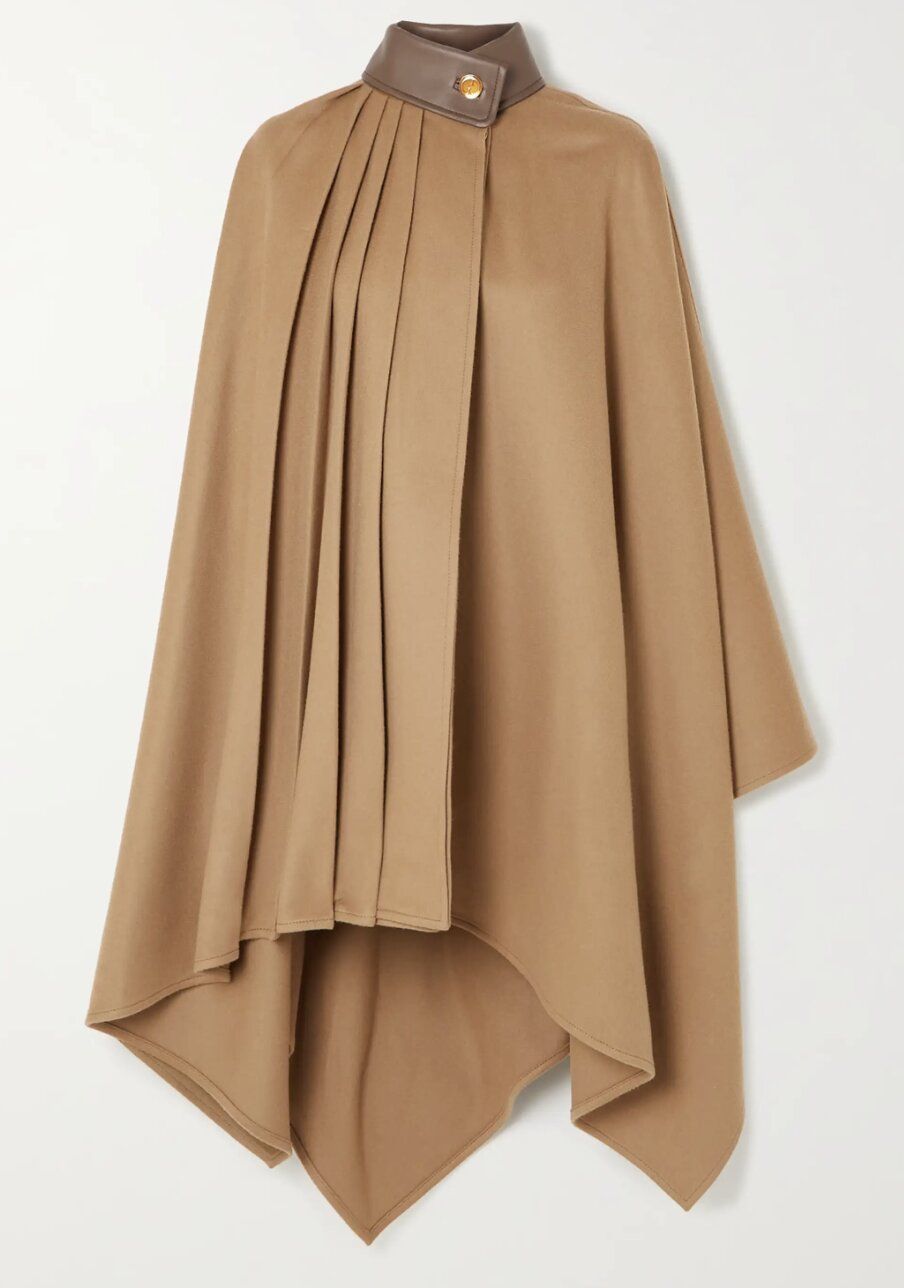 Leather-trimmed pleated wool-felt cape