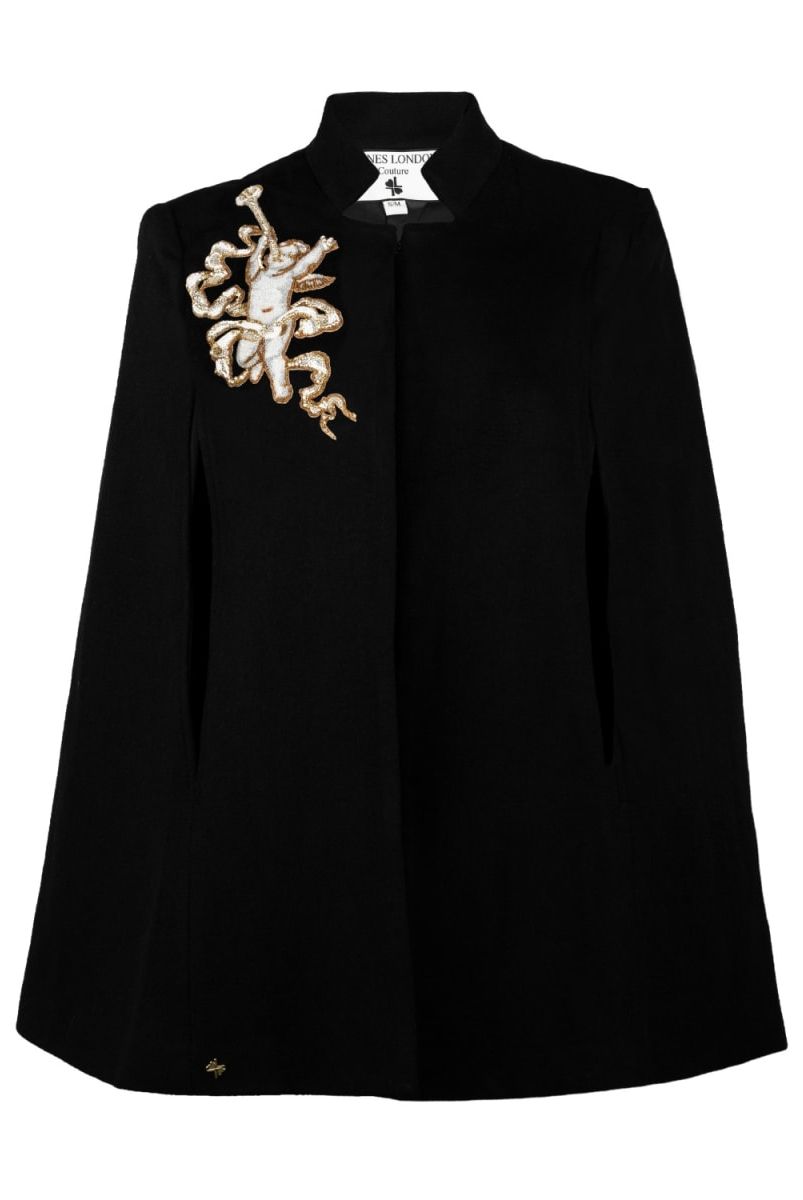 Couture Wool Blend Cape With Embellished Cherub