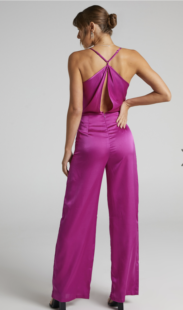 Kylene Cowl Neck Palazzo Satin Jumpsuit in Mulberry