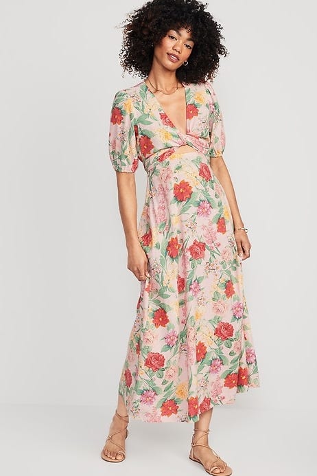Floral Linen-Blend Twist-Front Maxi Dress