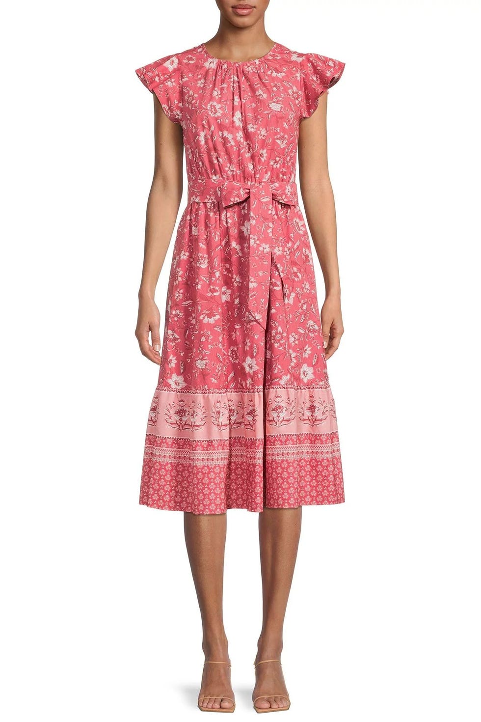 Time and Tru Women's Printed Midi Dress with Flutter Sleeves