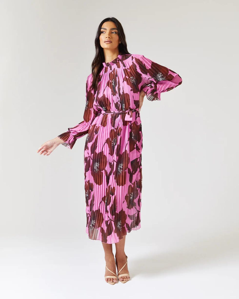 Pink and Brown Abstract Floral Pleated Midi Dress