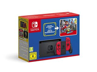 Nintendo Switch (Rojo) + Código de Descarga de Super Mario Odyssey + Pegatinas de la película Super Mario Bros.
