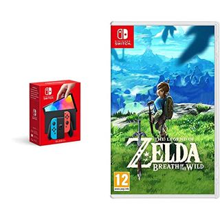 Nintendo Switch (OLED Model) - Neon Blue/Neon Red & The Legend of Zelda: Breath of the Wild