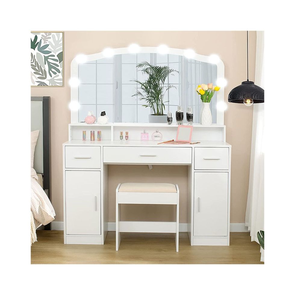 Modern White Floating Makeup Vanity Set Dressing Table with LED Mirror &  Leather Stool