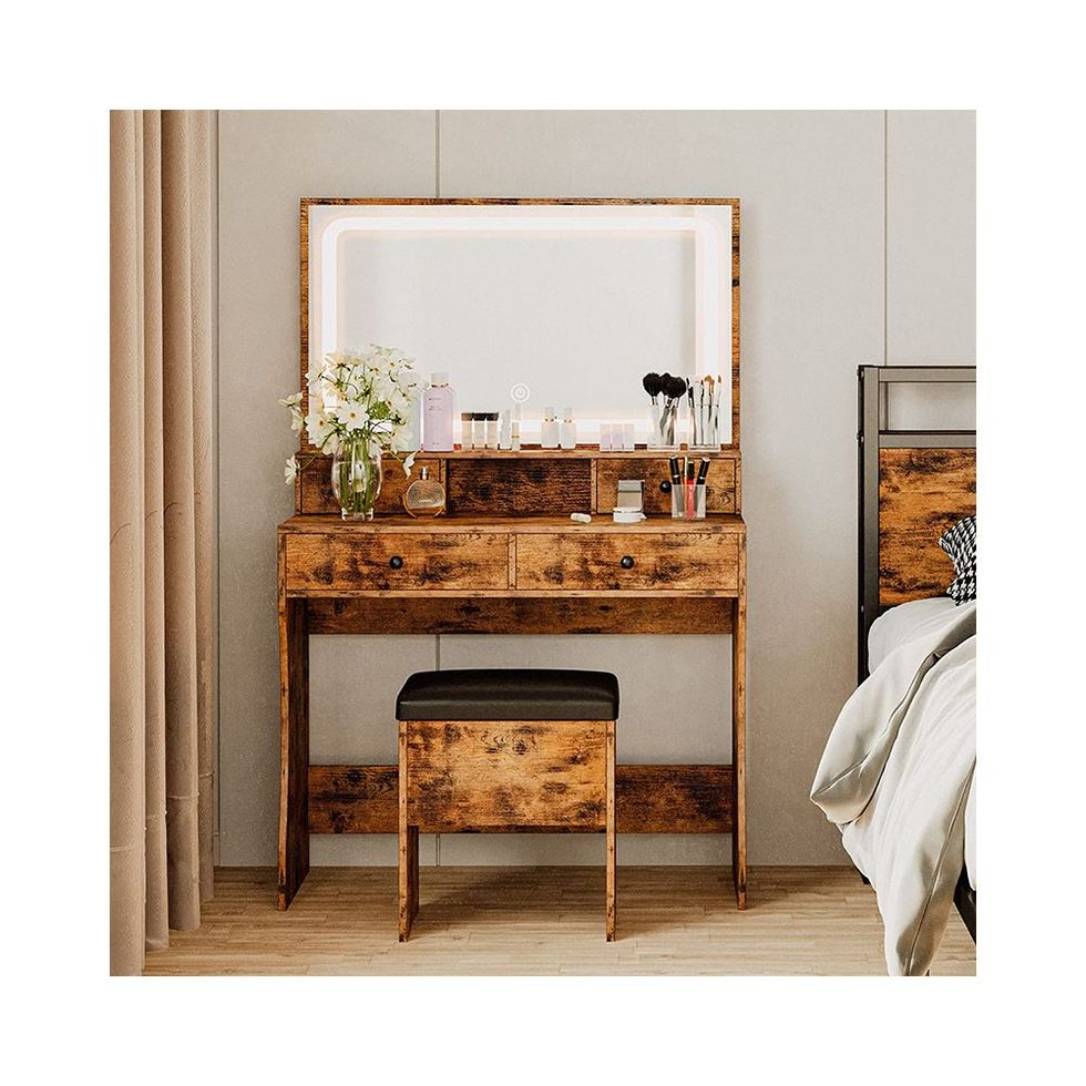 Vanity Desk with Mirror and Lights Makeup Table with Nightstand, Storage  Cabinet