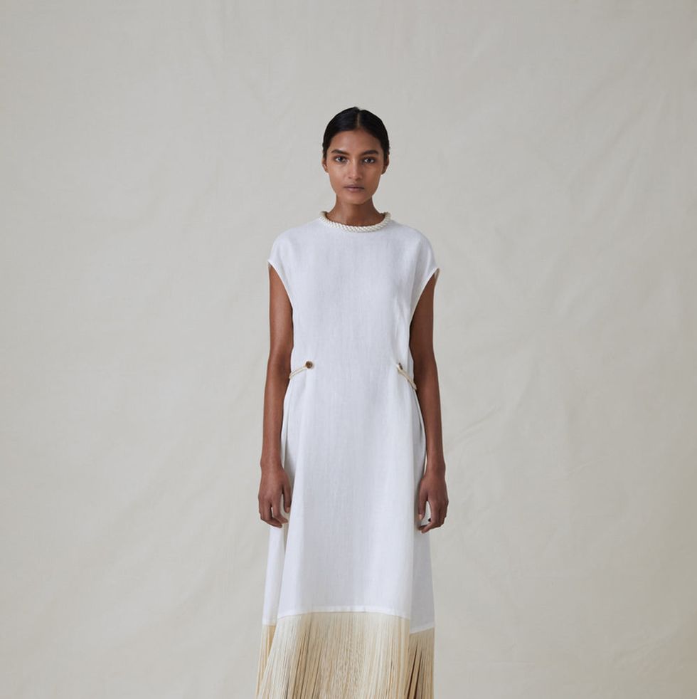 KARNEY WHITE LINEN STRAPLESS DRESS