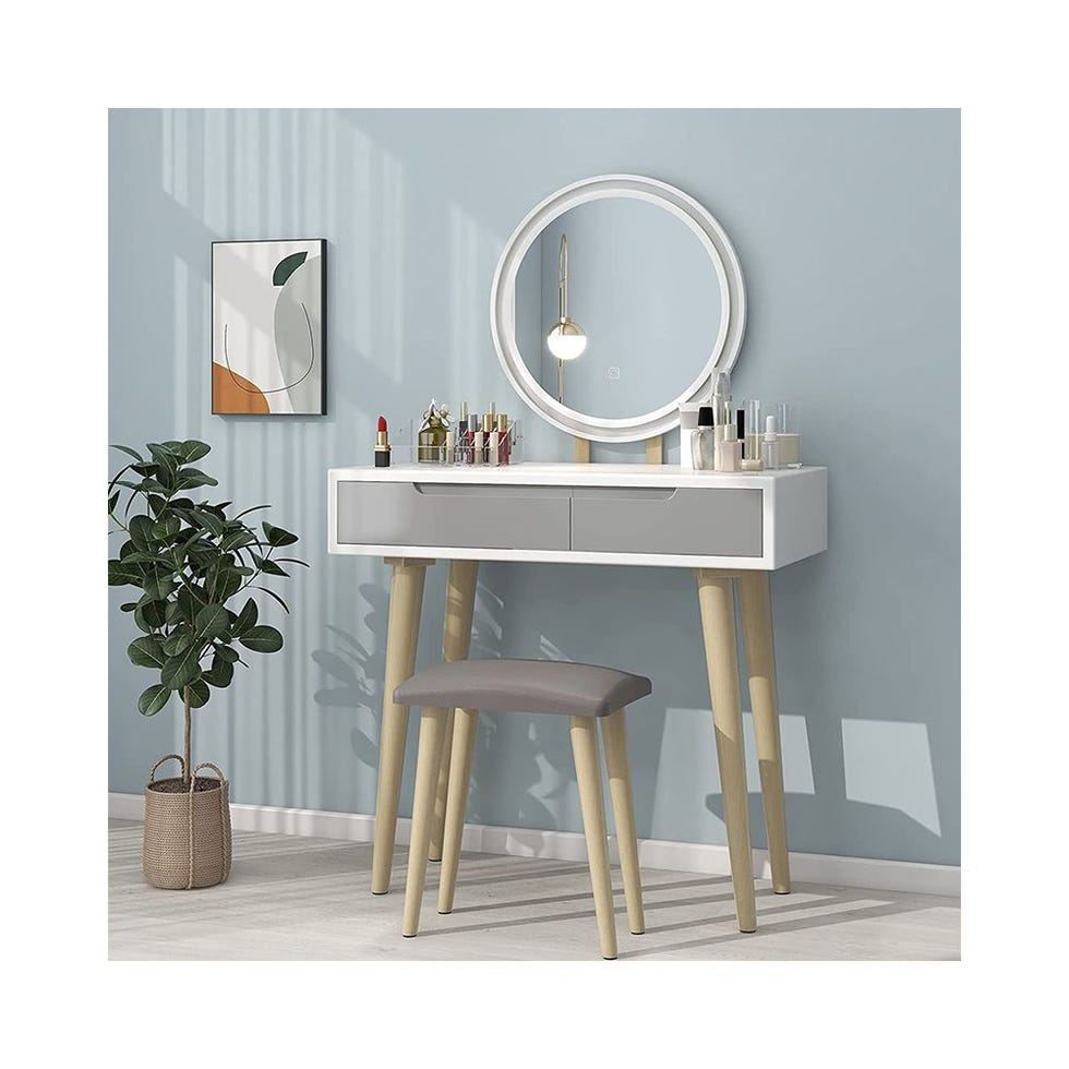 ARTETHYS Small Vanity Desk Set with 3 Adjustable Lighted Mirror and Storage  Chair, Makeup Vanity Table for Small Space, White Dressing Table with