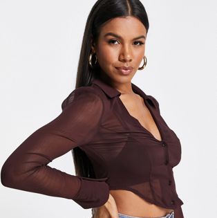 ASOS DESIGN sheer cropped shirt with seam detail in chocolate