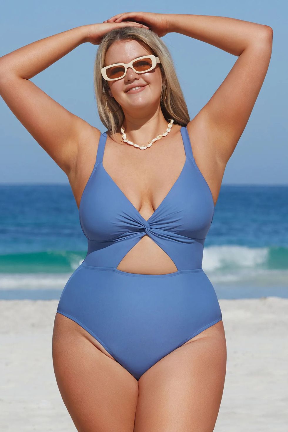 Blue twist front cutout plus size one piece swimsuit