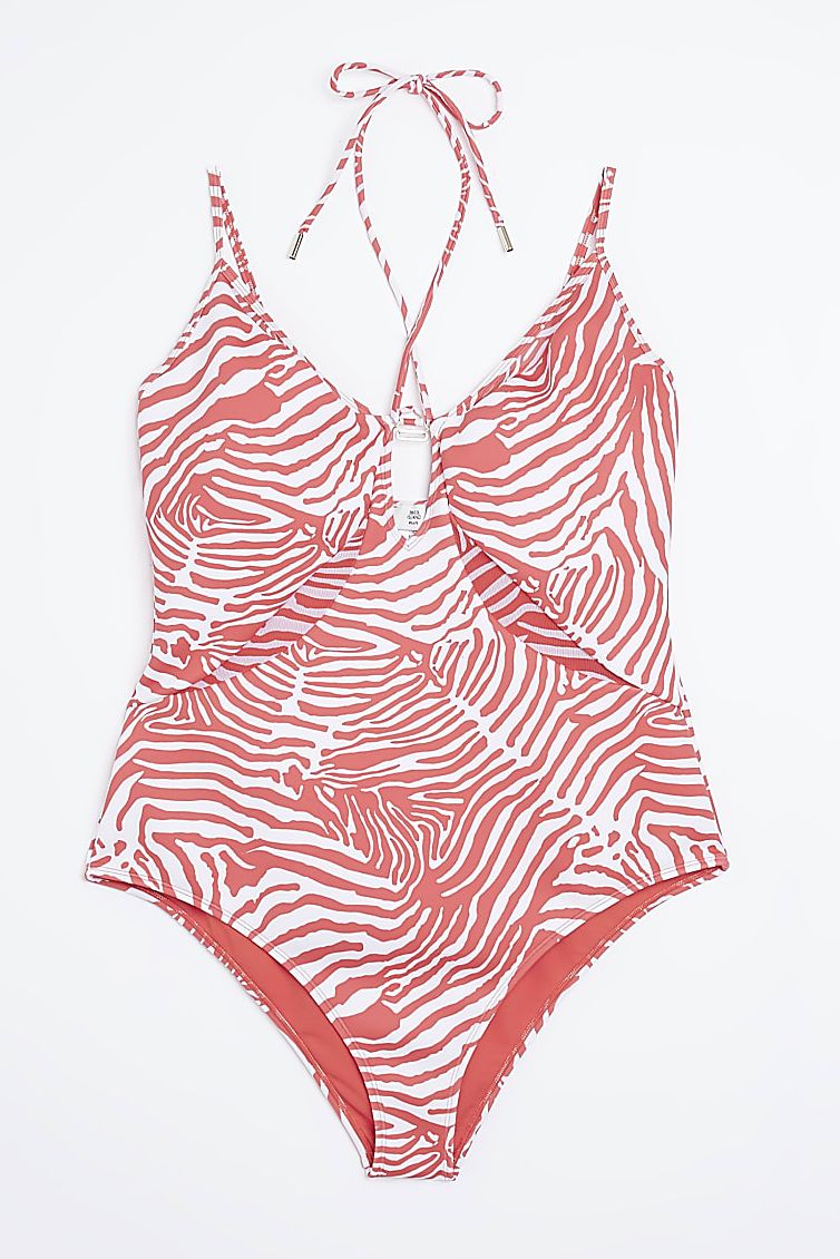 Red plunge zebra print plunge swimsuit