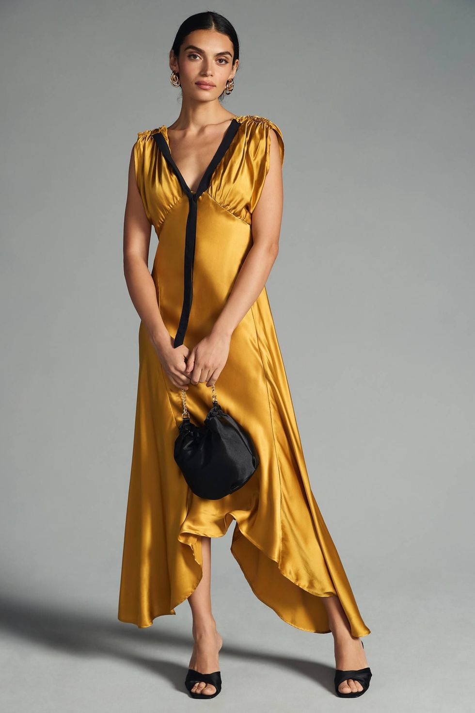 Silk Ruched-Shoulder Dress