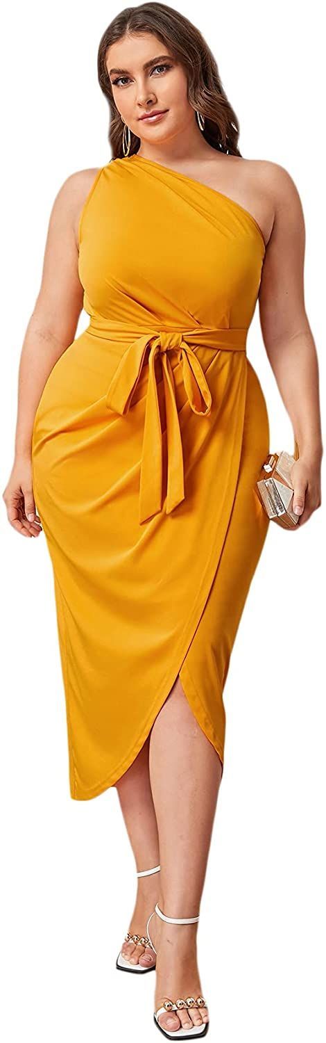 Plus-Size One-Shoulder Belted Wrap Midi Dress