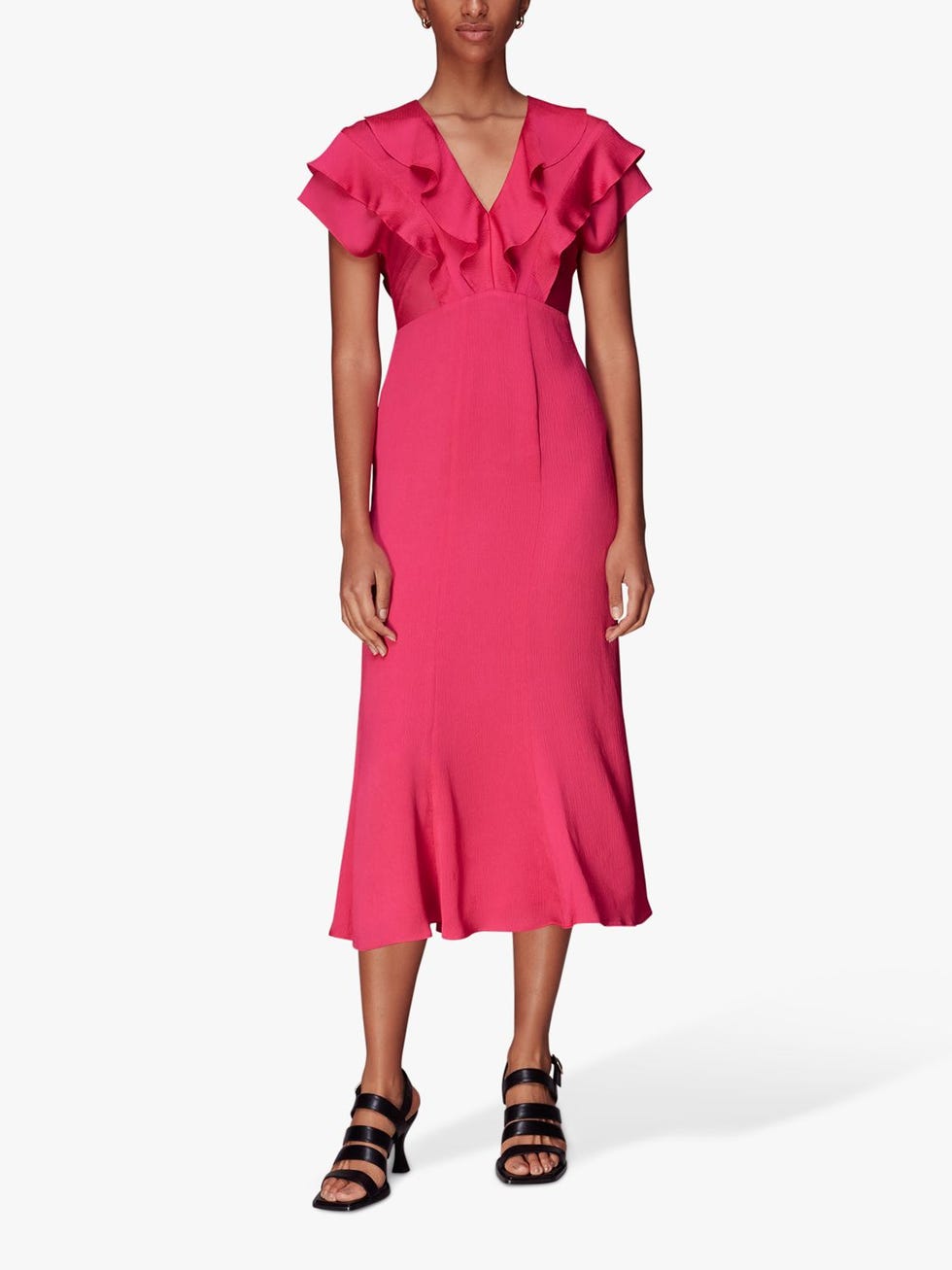 Whistles Adeline Frill Midi Dress, Pink