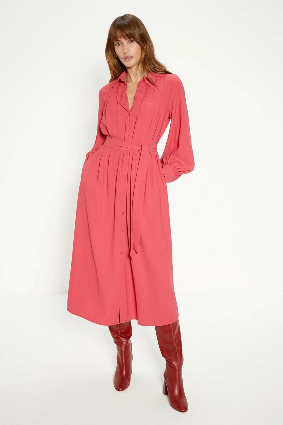 Crepe Pin-tuck Belted Shirt Dress