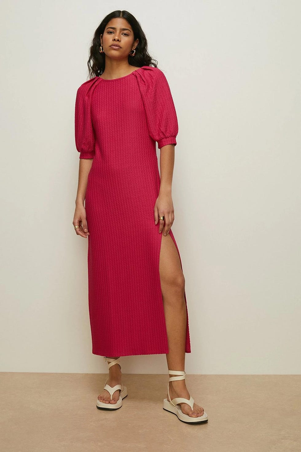 Textured Puff Sleeve Midi Dress